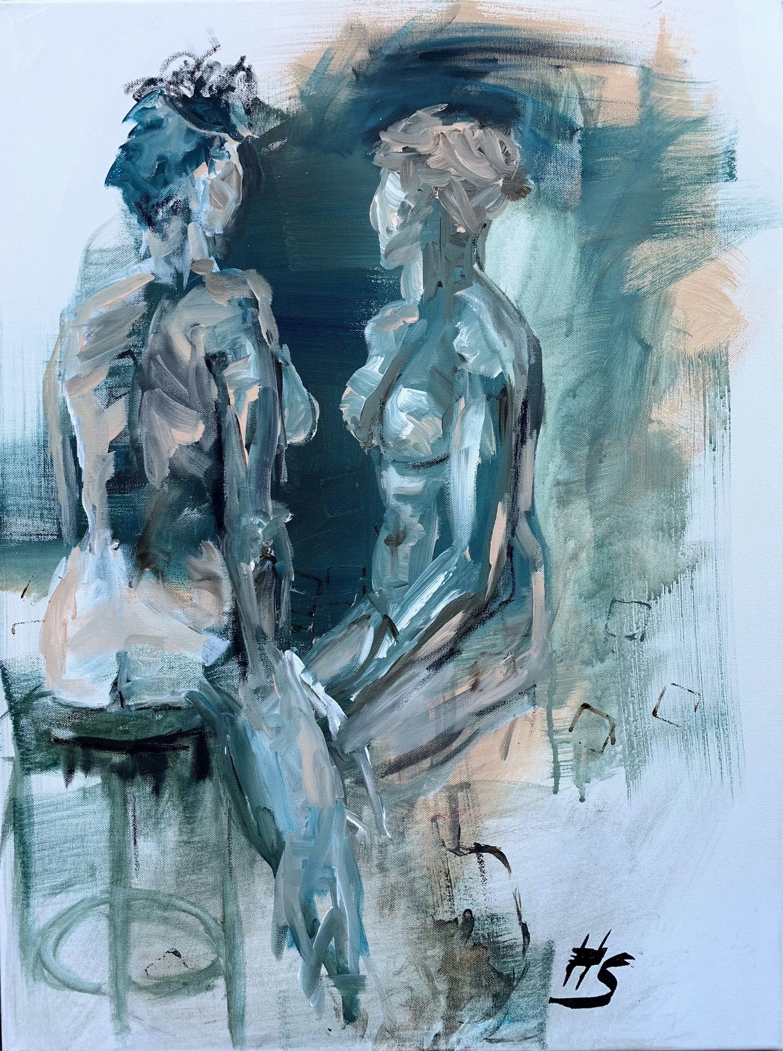 Artwork by Heike Schümann depicts two seated women facing each other